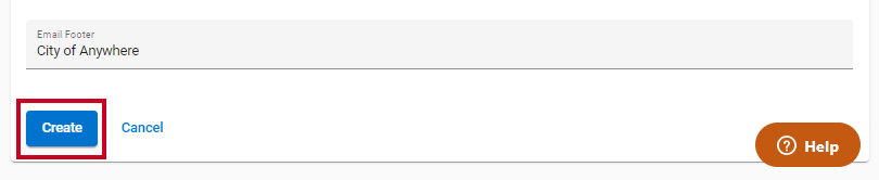 Blue create button below the email footer field.