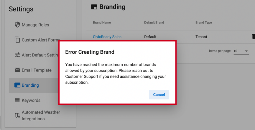 Error creating brand message.