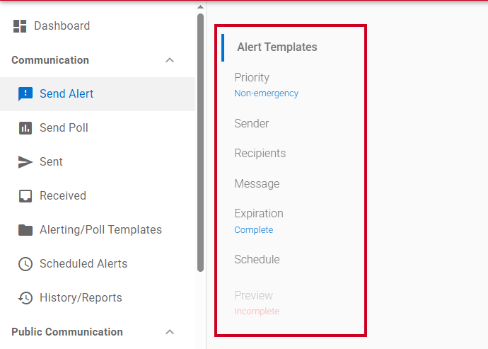 send alert navigation menu