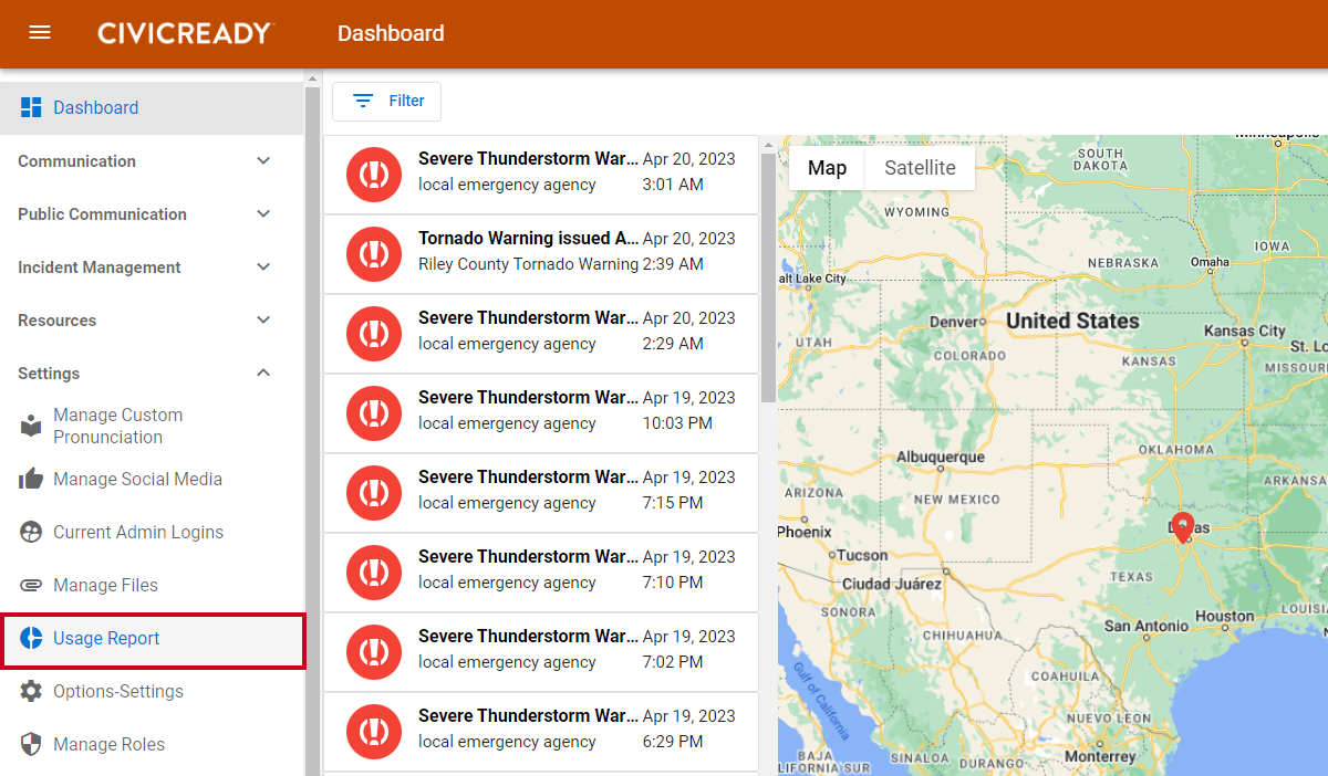 usage report option in navigation menu