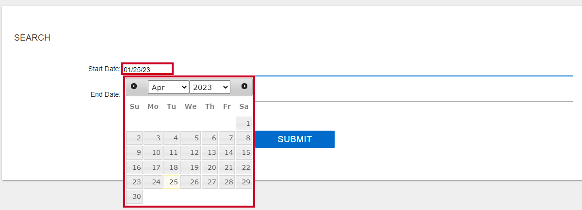 start date field and calendar