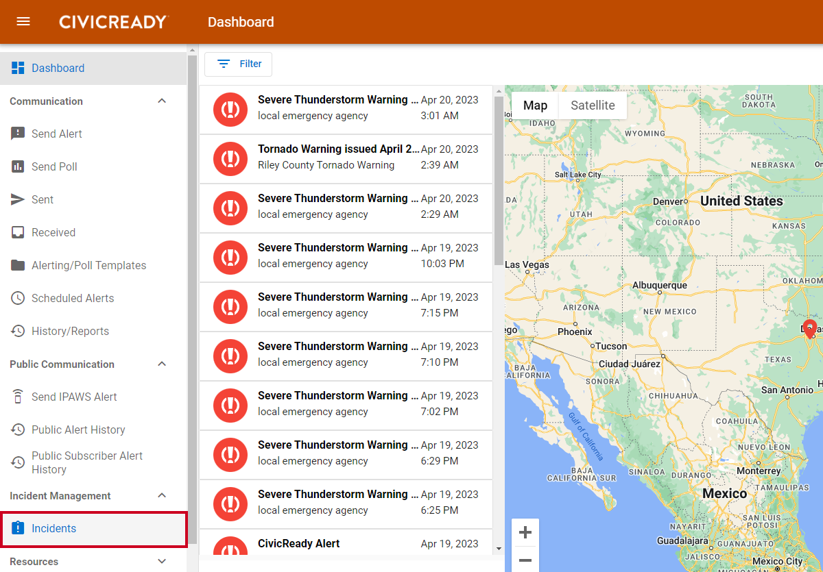 incidents option in the navigation menu