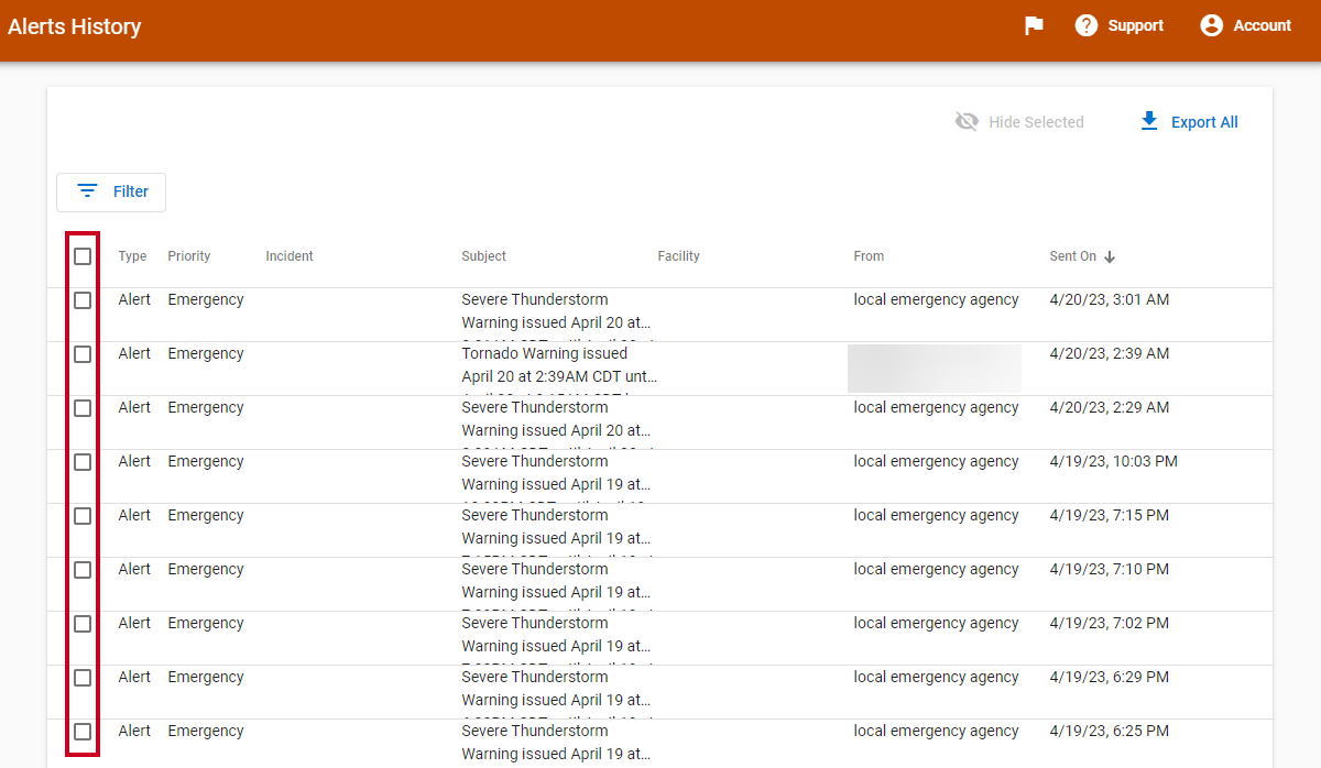 alerts checkboxes