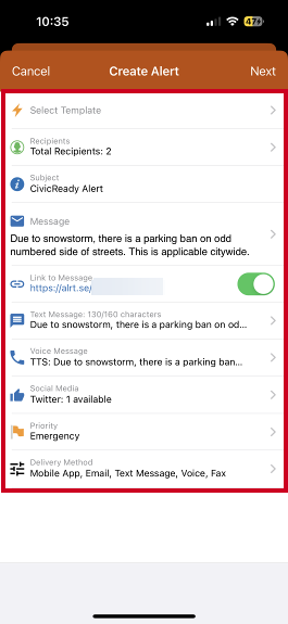 Create alert form.