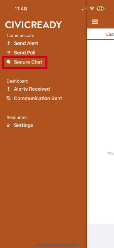 Drawer menu, secure chat option.