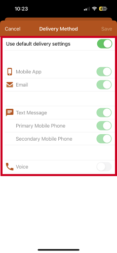Delivery method settings.