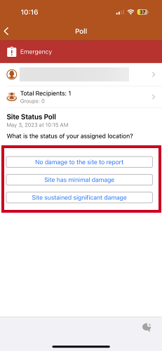 poll alert screen, response options