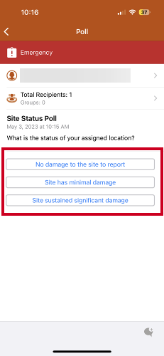 Poll alert screen, response options.