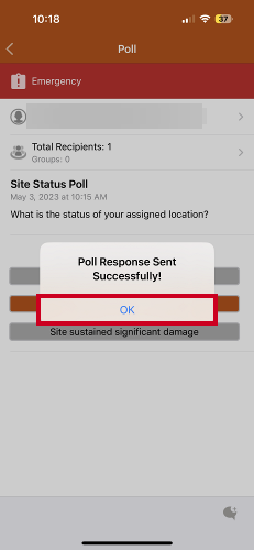 Poll response sent pop-up with ok option highlighted.