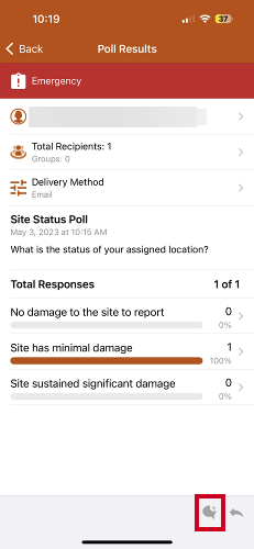 Poll results screen, secure chat icon.