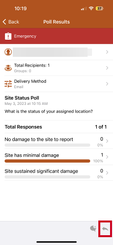 Poll results screen, alert icon.