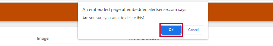 ok button on image deletion confirmation pop-up