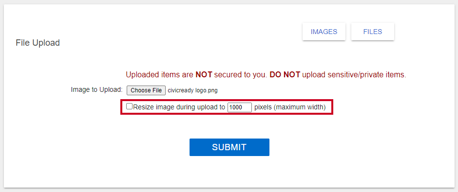 resize image during upload checkbox and pixel box