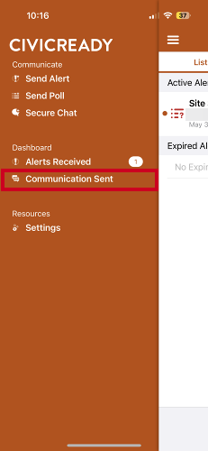 Drawer menu, communication sent option.
