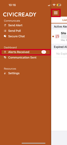 Drawer menu, alerts received option.