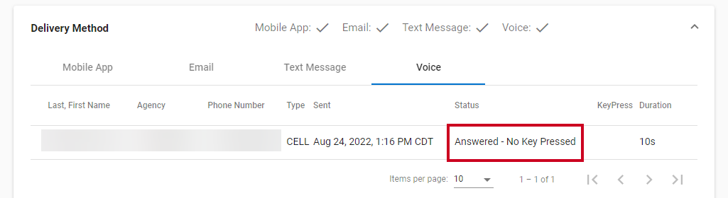 example voice alert in alert history with call status indicator highlighted