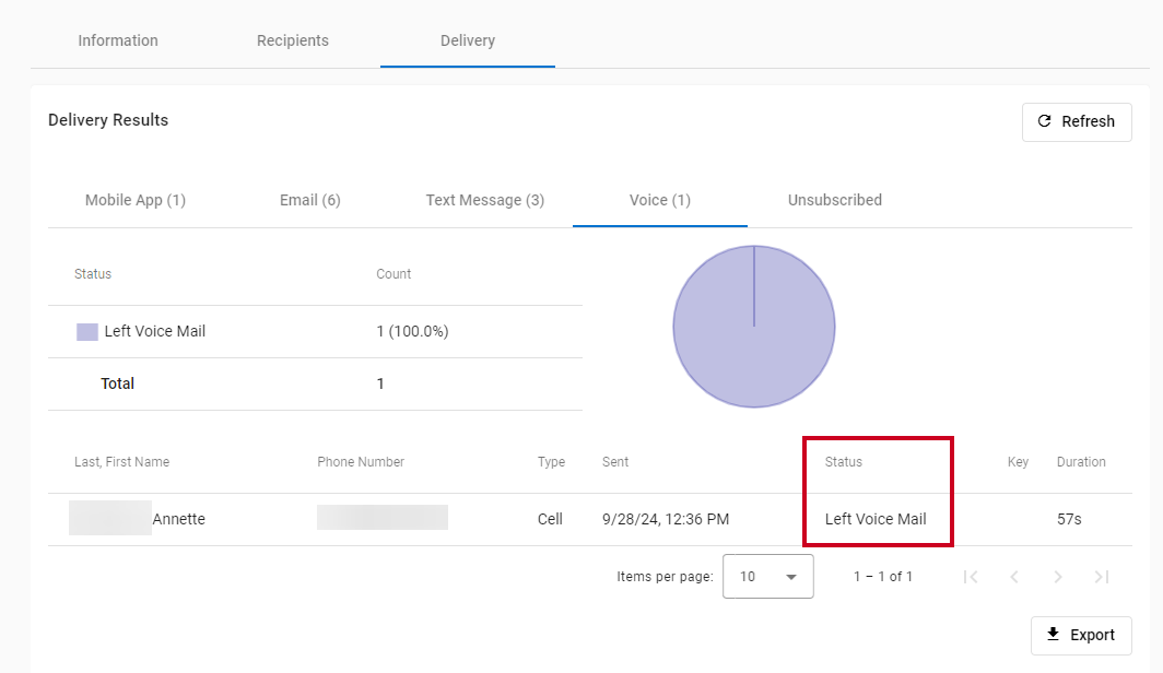 Example voice alert in alert history with call status indicator highlighted.