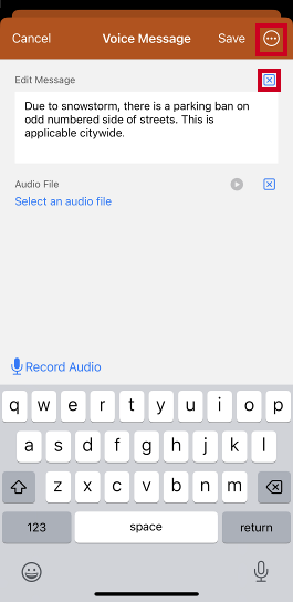 Voice message menu and clear button.