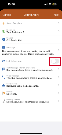 Link to message toggle.