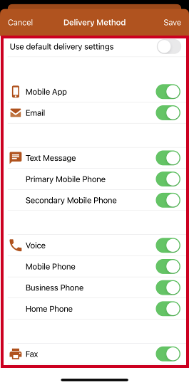 Delivery method options.