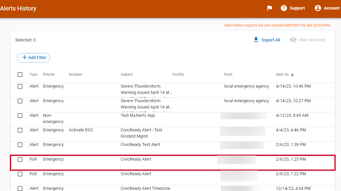 An example notification highlighted on the Alerts History page.