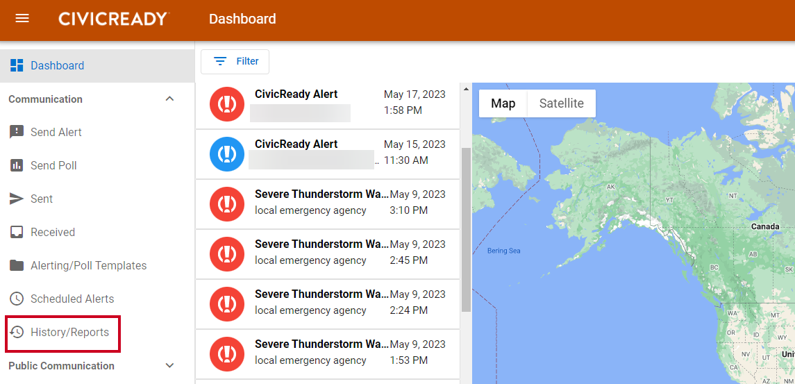 Mass Notification system dashboard and left menu with the History/Reports option highlighted.