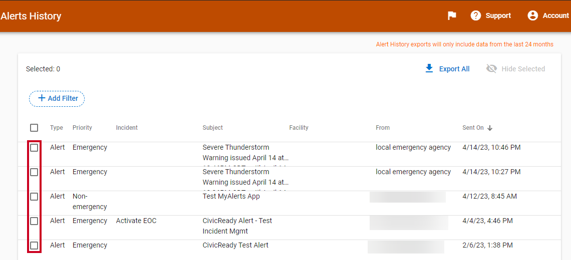 A column of checkboxes to the left of the options in the Alerts Hisotry list.