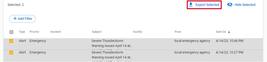 A white Export Selected button with blue text in the top-right corner of the Alerts History page.