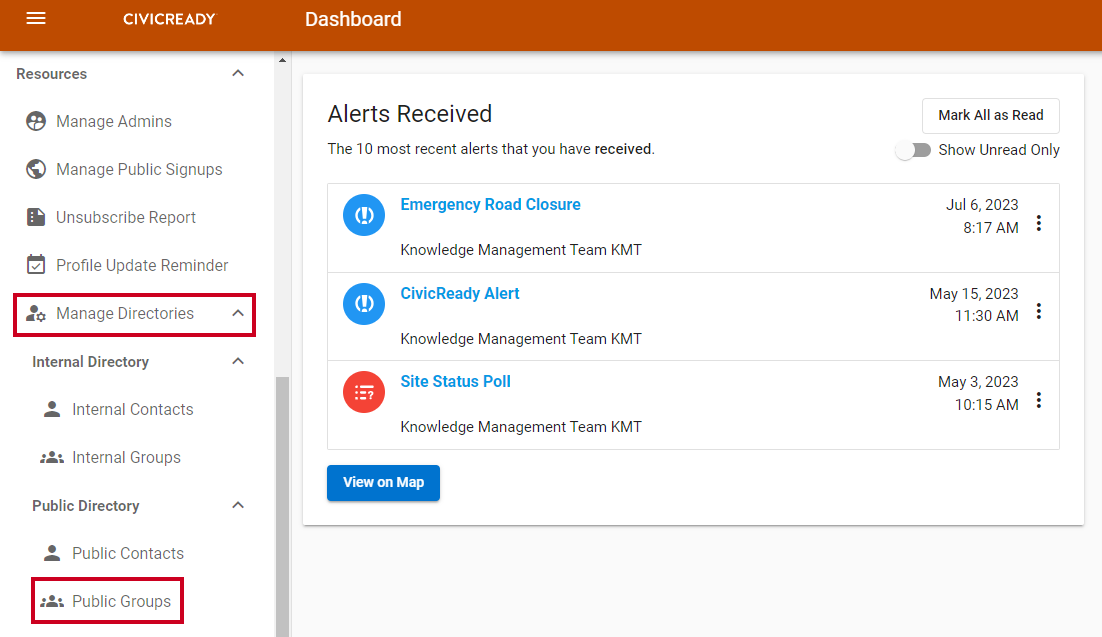 left menu, resources option, manage directories option