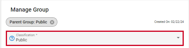 A group Classification dropdown with the Internal option highlighted.