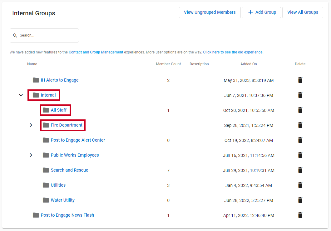 An example Internal Groups list with some parent and child groups highlighted.