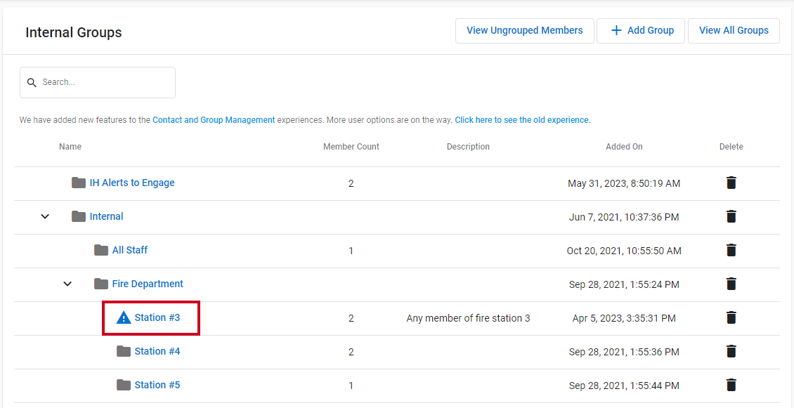 An example Internal groups list with a warning icon next to a group name.