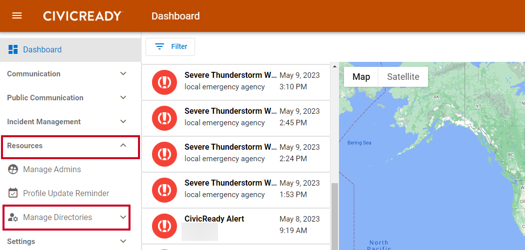 Mass Notification system dashboard and left menu with the Resources and Manage Directories options highlighted.