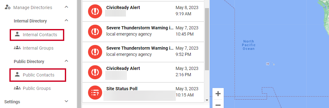 The Internal Contacts and Public Contacts options highlighted within the left menu.