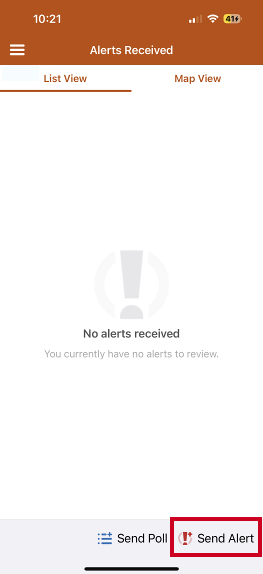 App home screen, quick action send alert button.