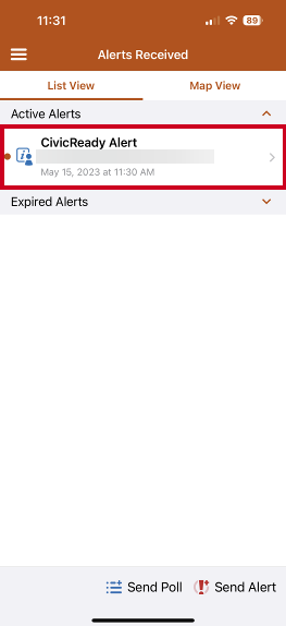 alerts received list with example alert highlighted