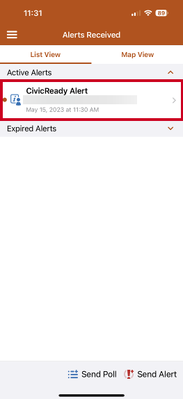 Alerts received list with example alert highlighted.