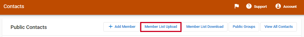 A white, rectangular Member List Upload button to the right of the page name.