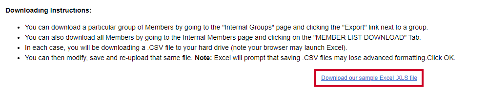 The Download our sample Excel .XLS file link.