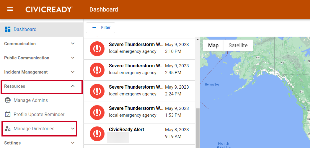 Resources option and manage directories option in the left menu.