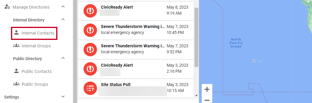 Mass Notification Dashboard left menu internal contacts option.