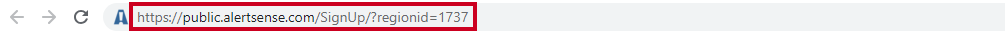 browser address bar with the default public sign-up URL and the example region id