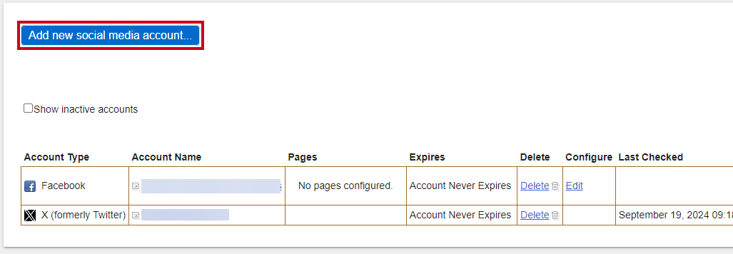 Add new social media account button.