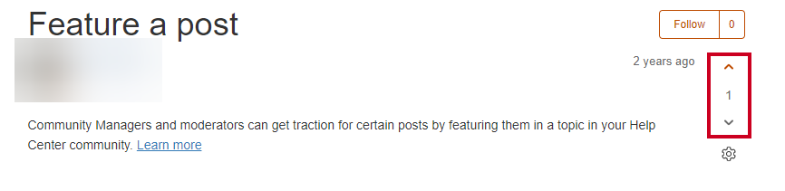 Highlighted upvote and unhighlighted downvote arrows and vote count on an example community post.