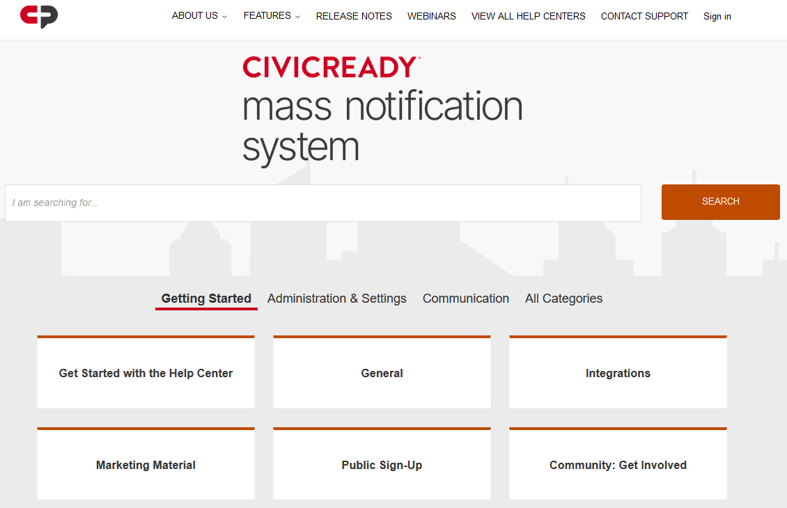 Mass notification system help center home page.
