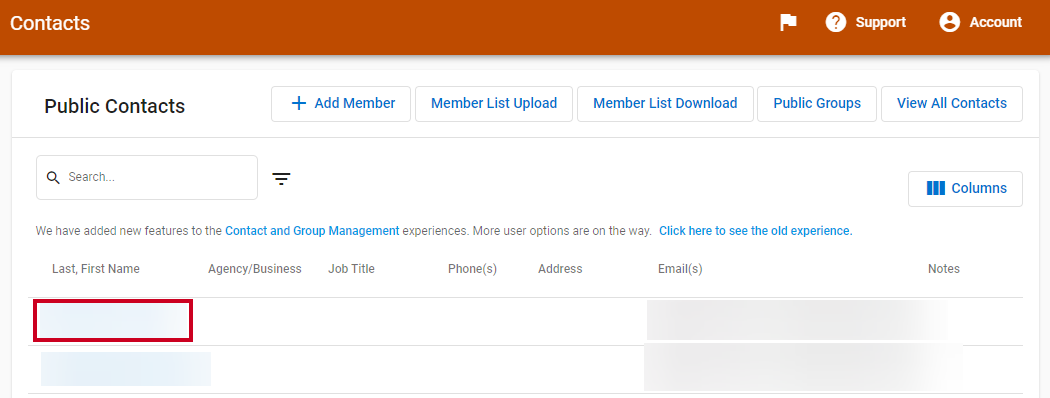 public contacts list and public contact name