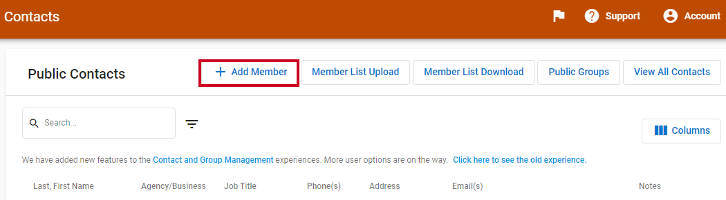 Add member button to the right of the public contacts header.