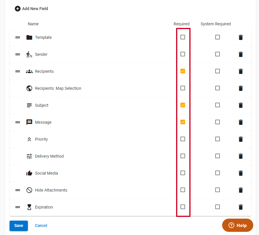 Column of required checkboxes.