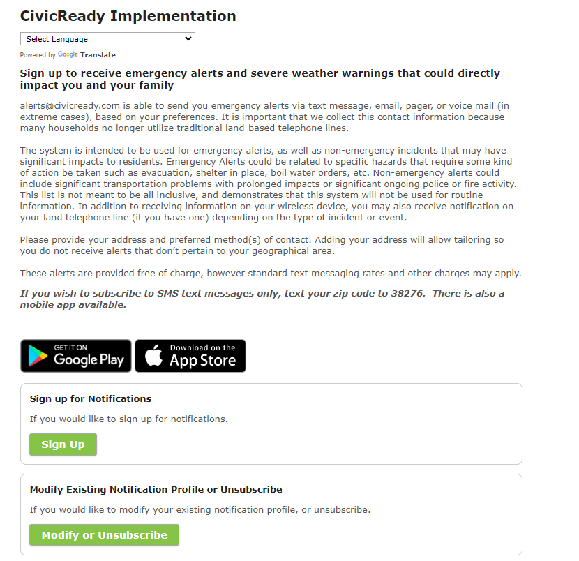 Example Mass Notification system sign up page for the public.
