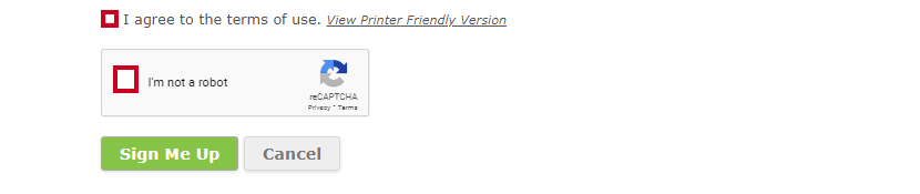 Terms agreement and not a robot checkboxes.